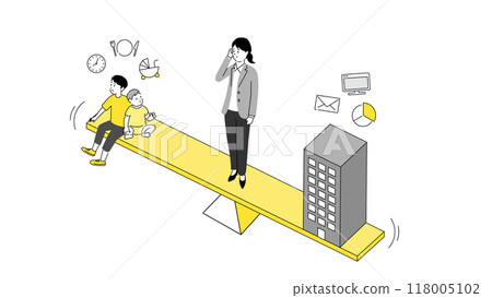 平衡育兒和工作的形象的插圖，一位年輕的母親站在天平上，向量圖 118005102