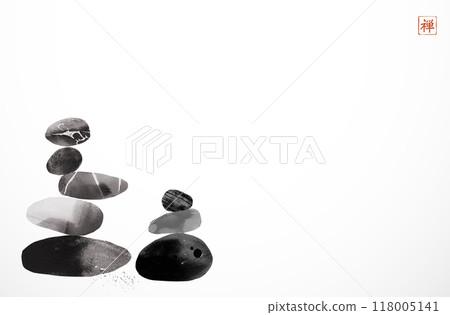 Minimalist Ink painting of stacked stones in a Zen-like balance. Traditional oriental ink painting sumi-e, u-sin, go-hua. Translation of hieroglyph - zen Minimalist Ink painting of stacked stones in a Zen-like balance. Traditional oriental ink painting sumi-e, u-sin, go-hua. Translation of hieroglyph - zen 118005141