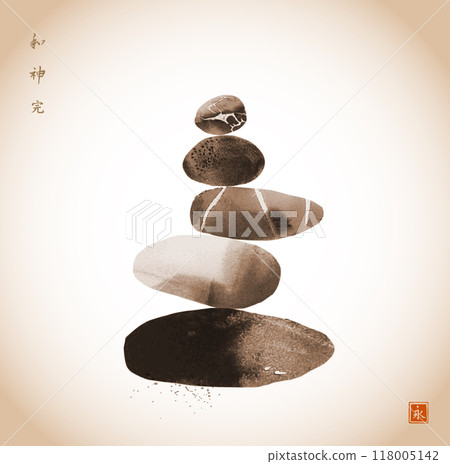 Minimalist Ink painting of stacked stones in a Zen-like balance. Traditional oriental ink painting sumi-e, u-sin, go-hua in vintage style. Hieroglyphs - harmony, spirit, perfection, eternity Minimalist Ink painting of stacked stones in a Zen-like balance. Traditional oriental ink painting sumi-e, u-sin, go-hua in vintage style. Hieroglyphs - harmony, spirit, perfection, eternity 118005142