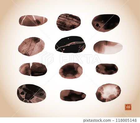 Ink painting of pebble stones on in vintage style. Traditional oriental ink painting sumi-e, u-sin, go-hua. Translation of hieroglyph - zen 118005148