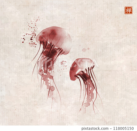 Ink painting of gracefully floating jellyfishes on vintage background. Traditional oriental ink painting sumi-e, u-sin, go-hua. Translation of hieroglyph - zen 118005150
