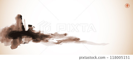 Ink wash painting of a misty mountain landscape, minimalistic and serene. Traditional oriental ink painting sumi-e, u-sin, go-hua in vintage style. Hieroglyph - happiness. 118005151