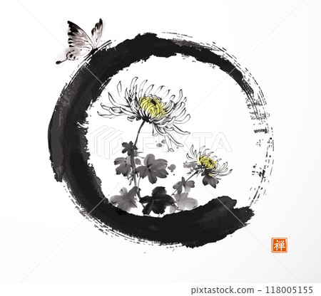 Ink wash painting with chrysanthemum in black enso zen circle. Traditional oriental ink painting sumi-e, u-sin, go-hua on white background. Translation of hieroglyph - eternity Ink wash painting with chrysanthemum in black enso zen circle. Traditional oriental ink painting sumi-e, u-sin, go-hua on white background. Translation of hieroglyph - eternity 118005155