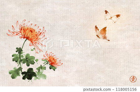 Ink wash painting with vivid chrysanthemum in chinese style. Traditional oriental ink painting sumi-e, u-sin, go-hua on vintage background. Translation of hieroglyph - zen 118005156