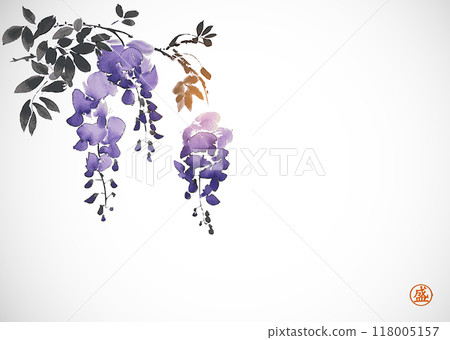 Ink painting of blooming wisteria. Traditional oriental ink painting sumi-e, u-sin, go-hua. Translation of hieroglyph - bloom Ink painting of blooming wisteria. Traditional oriental ink painting sumi-e, u-sin, go-hua. Translation of hieroglyph - bloom 118005157