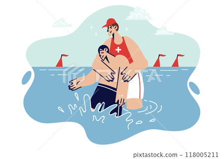 Man rescuer pulls body of drowned man out of water after breaking rules of swimming in sea 118005211