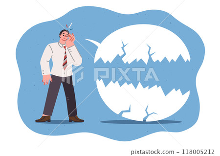 Communication problems of sad business man standing near destroyed speaking cloud 118005212