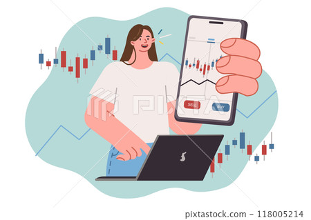 Woman with mobile trading application on phone shows display with stock exchange quotes 118005214