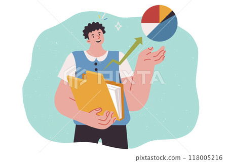 Smart man analyst conducted statistical research and demonstrates graph with results Smart man analyst conducted statistical research and demonstrates graph with results 118005216