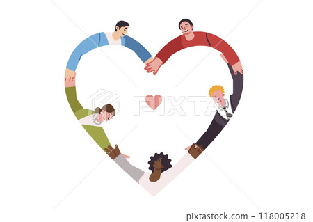 Friendly multinational people hold hands forming heart shape and demonstrate commitment to love Friendly multinational people hold hands forming heart shape and demonstrate commitment to love 118005218