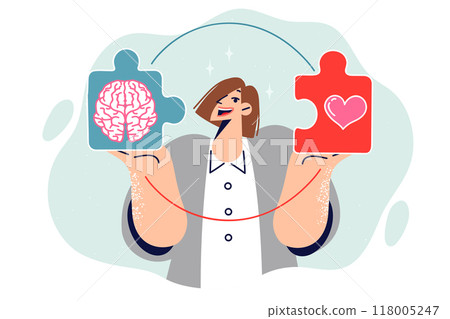 Business woman consciously chooses between feelings and reason, holding puzzle with heart and brain Business woman consciously chooses between feelings and reason, holding puzzle with heart and brain 118005247