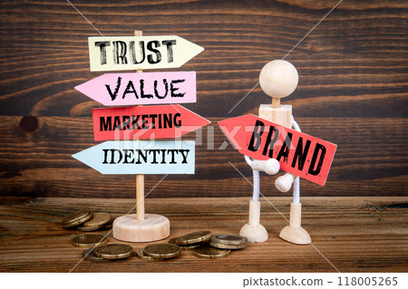 Brand Concept. Miniature road sign arrows on wood texture background 118005265