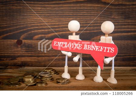 Employee Benefits. Red speech bubble and miniature people on wood texture background 118005266