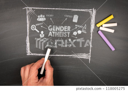 Gender Atheist Concept. Illustration with icons, keywords and arrows. Black chalkboard background 118005275