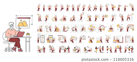 Businesspeople set. Various work activities including presentations, meetings, and financial management. Professional interaction and corporate dynamics. Vector illustration. 118005316