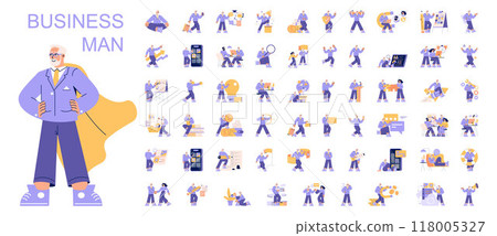 Businessman set. Corporate leader performing multiple roles and managing business tasks. Professional growth, teamwork, and diverse corporate scenarios. Vector illustration. 118005327