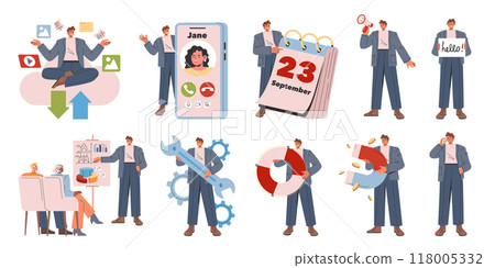 Businessman set. Various corporate activities and tasks. Presenting data, time management, networking, and strategic planning. Vector illustration. Businessman set. Various corporate activities and tasks. Presenting data, time management, networking, and strategic planning. Vector illustration. 118005332