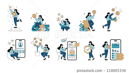 Businesspeople set. Digital finance, online banking, and investment management. Earning rewards, secure transactions, social media strategy. Vector illustration. 118005336