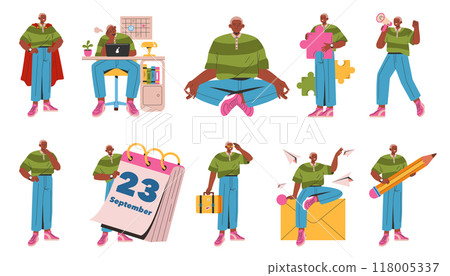 Businessman concept set. Diverse activities of a professional man in various poses, showcasing work and life balance. Multitask, productivity, and planning. Vector illustration. Businessman concept set. Diverse activities of a professional man in various poses, showcasing work and life balance. Multitask, productivity, and planning. Vector illustration. 118005337