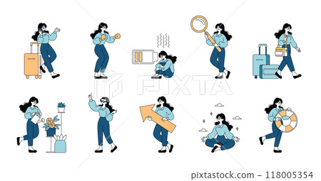 Businesswoman lifestyle set. Female character engaging in travel, work, relaxation, and daily activities. Modern, dynamic entrepreneur illustration. Vector illustration. Businesswoman lifestyle set. Female character engaging in travel, work, relaxation, and daily activities. Modern, dynamic entrepreneur illustration. Vector illustration. 118005354