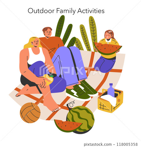 Modern Families concept. Illustration of a family enjoying a picnic and playing sports outdoors. Leisure time bonding, healthy lifestyle. Vector illustration. Modern Families concept. Illustration of a family enjoying a picnic and playing sports outdoors. Leisure time bonding, healthy lifestyle. Vector illustration. 118005358