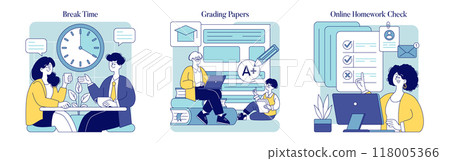 Teacher's Daily Routine set. Educators during break time, grading papers, and checking homework online. Vector illustration. 118005366