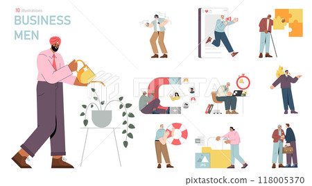 Businessmen set. Diverse activities of modern businessmen ranging from nurturing growth to dealing with obstacles. Office work and interpersonal interactions. Vector illustration. 118005370