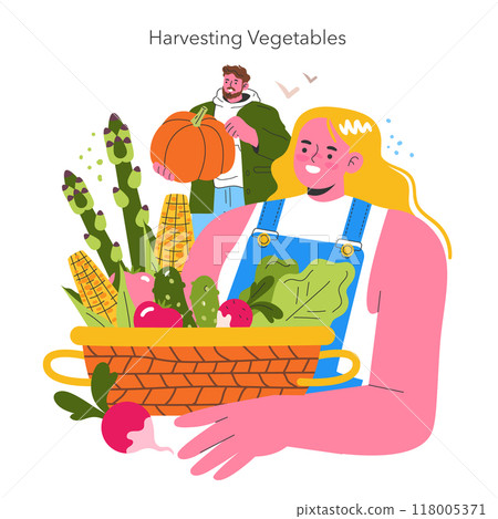 Garden Girl concept. A cheerful woman presents a basket full of fresh vegetables with a man holding a pumpkin in the background. Autumn harvest joy. Vector illustration. 118005371