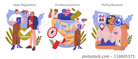 Election Race set. Voter registration process, fundraising event activities, and polling research analysis. Capturing democratic participation. Vector illustration. 118005373