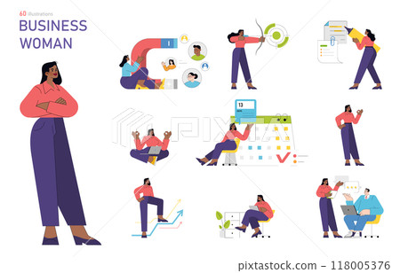 Business Woman set. Diverse professional scenarios featuring a confident businesswoman. Leadership roles, teamwork, and goal-setting. Vector illustration. Business Woman set. Diverse professional scenarios featuring a confident businesswoman. Leadership roles, teamwork, and goal-setting. Vector illustration. 118005376