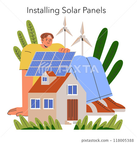 Renewable energy concept. A person installs solar panels on a roof with wind turbines in the background, promoting sustainable living. Vector illustration. 118005388