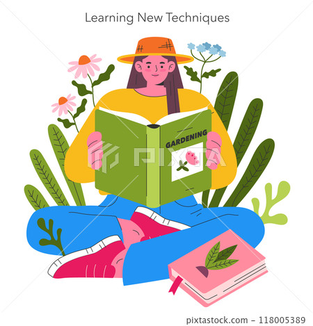 Garden Girl concept. A young woman engrossed in learning gardening techniques, surrounded by nature. Knowledge growth, educational hobby, serene learning environment. Vector illustration. Garden Girl concept. A young woman engrossed in learning gardening techniques, surrounded by nature. Knowledge growth, educational hobby, serene learning environment. Vector illustration. 118005389
