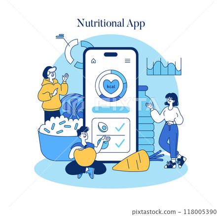 Nutritional app concept. Individuals engage with a mobile application for diet tracking and healthy eating habits. Collaboration with technology for wellness. Vector illustration. Nutritional app concept. Individuals engage with a mobile application for diet tracking and healthy eating habits. Collaboration with technology for wellness. Vector illustration. 118005390