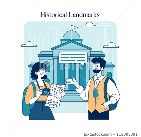 World Tourism Day concept. Tourists exploring city landmarks with map and camera. Cultural travel and sightseeing. Vector illustration. World Tourism Day concept. Tourists exploring city landmarks with map and camera. Cultural travel and sightseeing. Vector illustration. 118005391