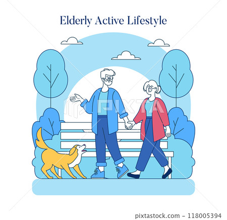 Elderly Active Lifestyle illustration. Senior couple enjoying a walk with their dog in the park. Promoting wellness and sociability in retirement. Vector illustration. 118005394