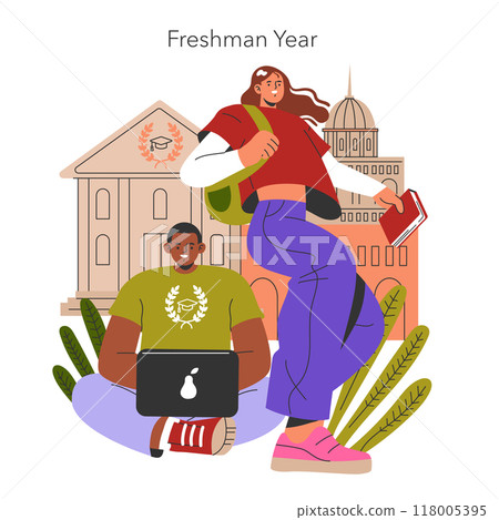 Freshman Year concept. College students starting their academic journey, with campus life backdrop. First-year excitement, new beginnings. Vector illustration. 118005395