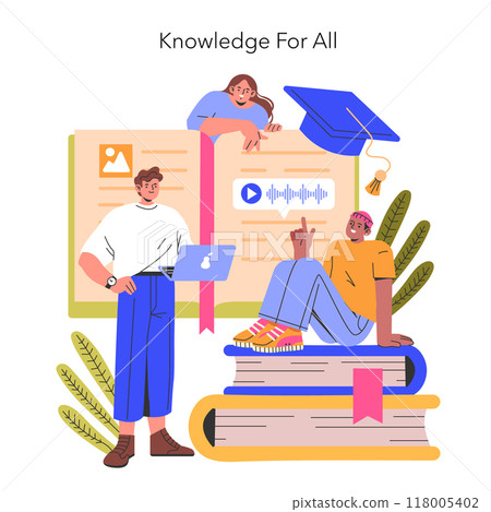 Knowledge For All concept. Diverse group of learners engaging with multimedia educational resources. Digital literacy, e-learning opportunities, and accessible education. Vector illustration. 118005402