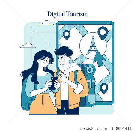 World Tourism Day concept. Travelers viewing a map on a digital tablet, highlighting modern travel and technology. Vector illustration. 118005411