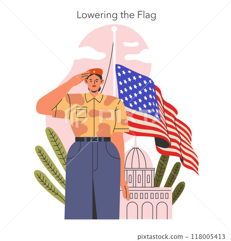 Patriot Day concept. A service member salutes while lowering the American flag at a symbolic building, conveying respect and remembrance. Vector illustration. 118005413