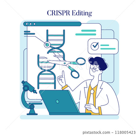 Biotechnology concept. A scientist engages in CRISPR gene editing with digital DNA sequence analysis. Genetic engineering and innovation in medicine. Vector illustration. Biotechnology concept. A scientist engages in CRISPR gene editing with digital DNA sequence analysis. Genetic engineering and innovation in medicine. Vector illustration. 118005423
