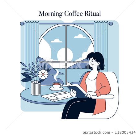 Morning Coffee Ritual concept. Woman enjoying her peaceful morning routine with a cup of coffee by the window. Relaxation, home comfort, and daily life. Vector illustration. 118005434