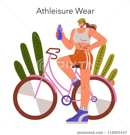 Athleisure Wear concept. Stylish woman in sports casual outfit standing by a bike, reflecting modern lifestyle. Comfort meets fashion in active wear. Vector illustration. Athleisure Wear concept. Stylish woman in sports casual outfit standing by a bike, reflecting modern lifestyle. Comfort meets fashion in active wear. Vector illustration. 118005437