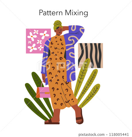Fashion Trends concept. Stylish woman showcasing mixed patterns in a modern outfit surrounded by vibrant botanical elements. Vector illustration. 118005441