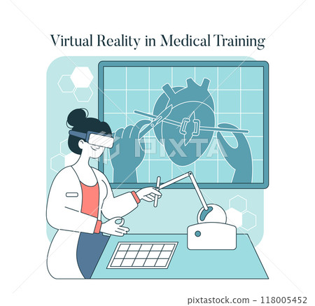 Medical Training Concept. Doctor in virtual reality headset conducts heart surgery simulation. Advanced technology in medical education. Vector illustration. Medical Training Concept. Doctor in virtual reality headset conducts heart surgery simulation. Advanced technology in medical education. Vector illustration. 118005452
