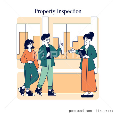 Property Inspection concept. Home buyers discuss details with a realtor during a house viewing, learning about the property layout. Vector illustration. Property Inspection concept. Home buyers discuss details with a realtor during a house viewing, learning about the property layout. Vector illustration. 118005455