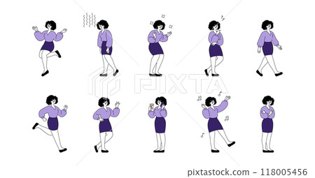 Businesswoman character set. Various activities and emotions at work. Professional engagement, decision-making, and relaxation. Vector illustration. Businesswoman character set. Various activities and emotions at work. Professional engagement, decision-making, and relaxation. Vector illustration. 118005456
