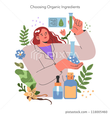 Ethical Cosmetics concept. A scientist selects natural ingredients for eco-friendly cosmetics, surrounded by plants and test tubes. Vector illustration. 118005460