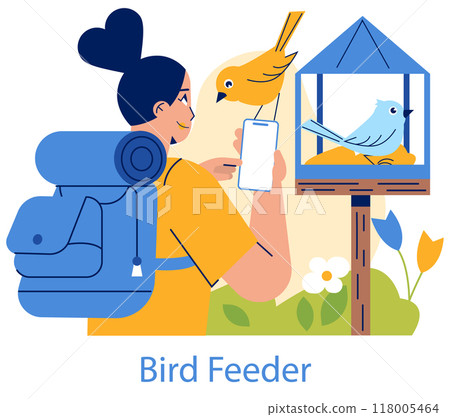 Birdwatching concept. Enthusiast capturing memories of vibrant avian life at a bird feeder. Outdoor recreational activity bonding with nature. Vector illustration. 118005464
