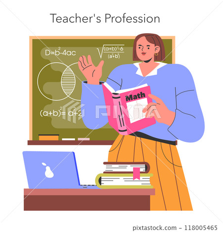 Teacher's profession concept. A math educator stands before a blackboard, engaging in teaching with a textbook in hand. Classroom vitality, academic instruction. Vector illustration. Teacher's profession concept. A math educator stands before a blackboard, engaging in teaching with a textbook in hand. Classroom vitality, academic instruction. Vector illustration. 118005465