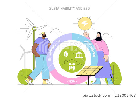 Sustainability and ESG concept. Individuals advocate for renewable energy and corporate responsibility. Environmental, social, governance integration. Vector illustration. 118005468